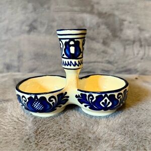Blue and Cream Olive Server with Toothpick Holder